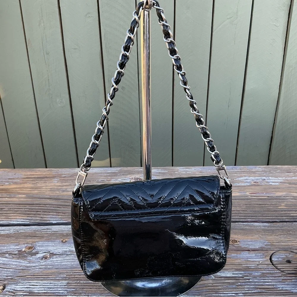Big Buddha Black Chevron Patent Leather Crossbody/Shoulder Black Bag Chain Strap